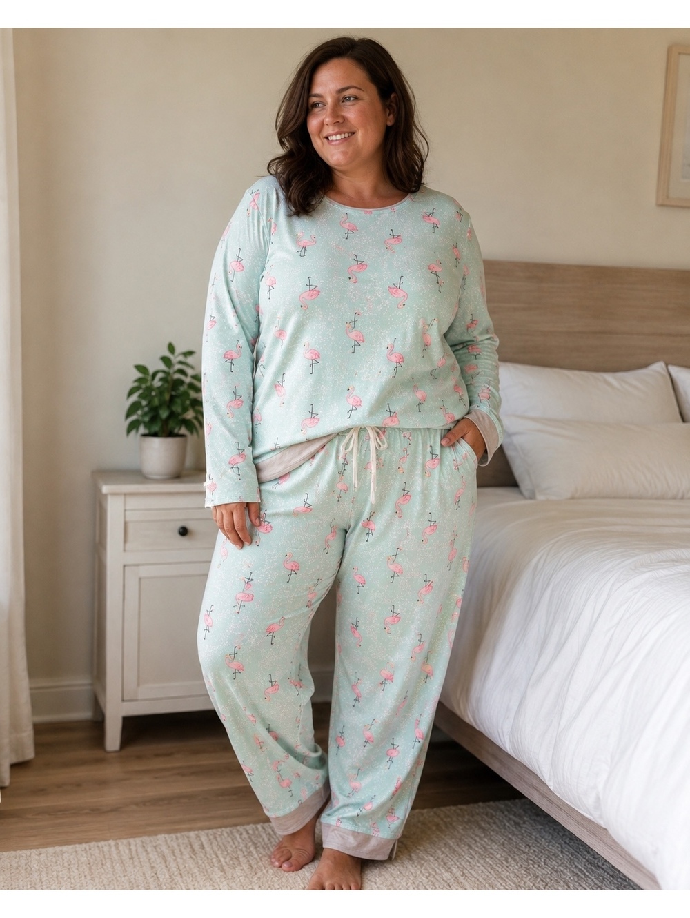 Ellen Tracy Flamingo Pajama Set Womens 2X Mint Green Pink Soft Fleece Feel